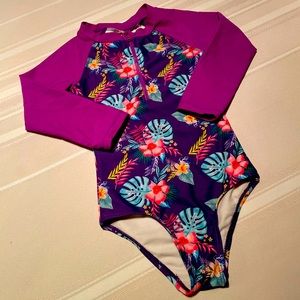 Cutie Patootie purple Hawaiian flower rash guard bathing suit 3T